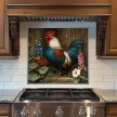 Tile mural with rooster and blooming garden flowers on rustic wood